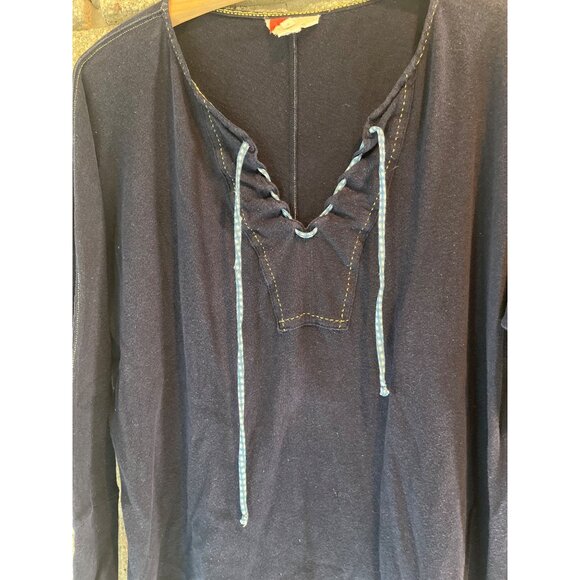 Navy Blue Long Sleeve Top With Lace-Up Neckline Yellow Stitching & Blue Patterne - Picture 3 of 8